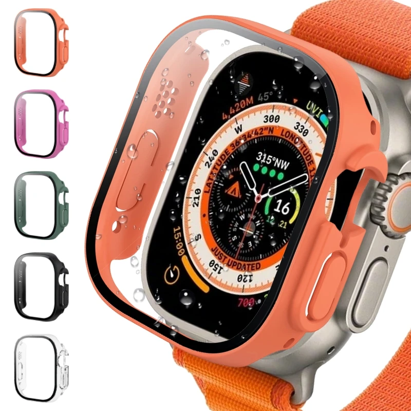 Kaca Tempered + penutup untuk casing jam tangan Apple, Bumper pelindung layar Ultra 49mm, aksesori iwatch seri Ultra 2 49mm