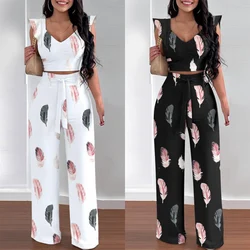 Women Casual Sleeveless Top Long Pants Two Pieces Print Ruffles Lace-Up Loose Wide Leg Pants Suit Set Summer