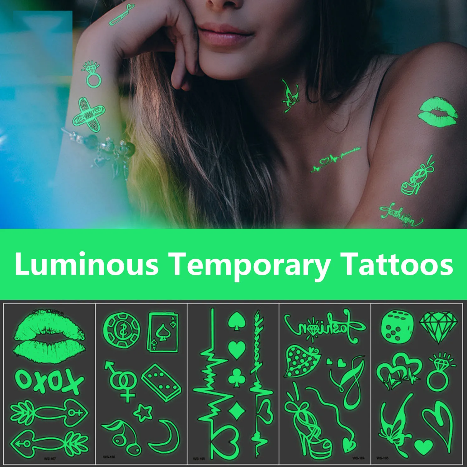 

Butterfly Moon Star Temporary TattooS 5 Sheets Fake Large Luminous Body Stickers for Face Arm Back Chest Leg Shoulder Waterproo