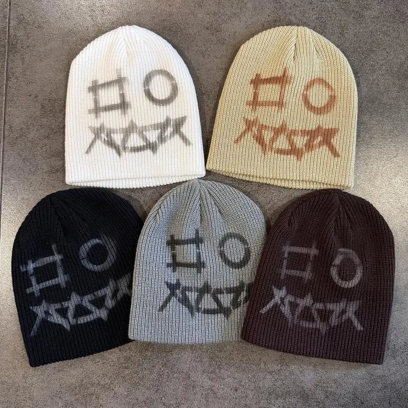 Funny Graffiti Jacquard Knit Beanie Sweat Absorbent Unisex Hip Hop Skull Cap for Winter Jogging Fitness Workout