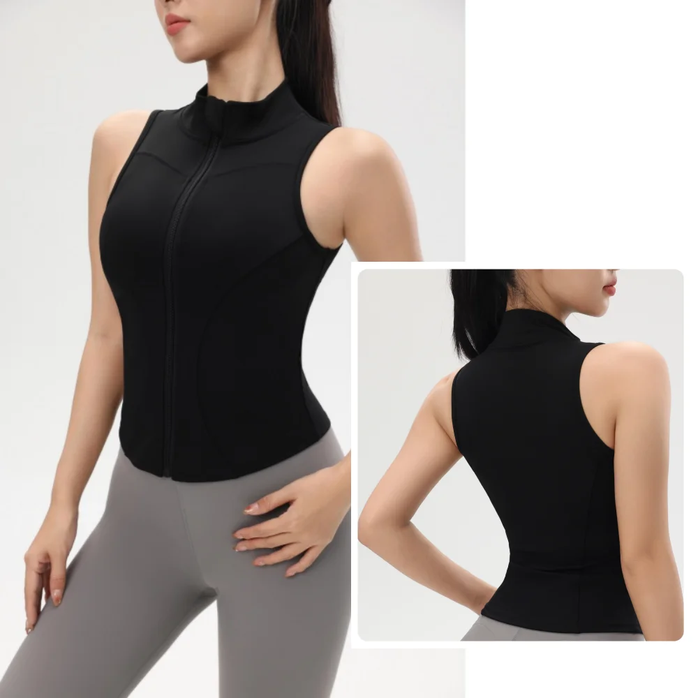 Women's Sleeveless Shockproof Yoga Top with Stand-up Collar Zippered Compression Vest No Padding Fitness Gym Sports T-Shirts