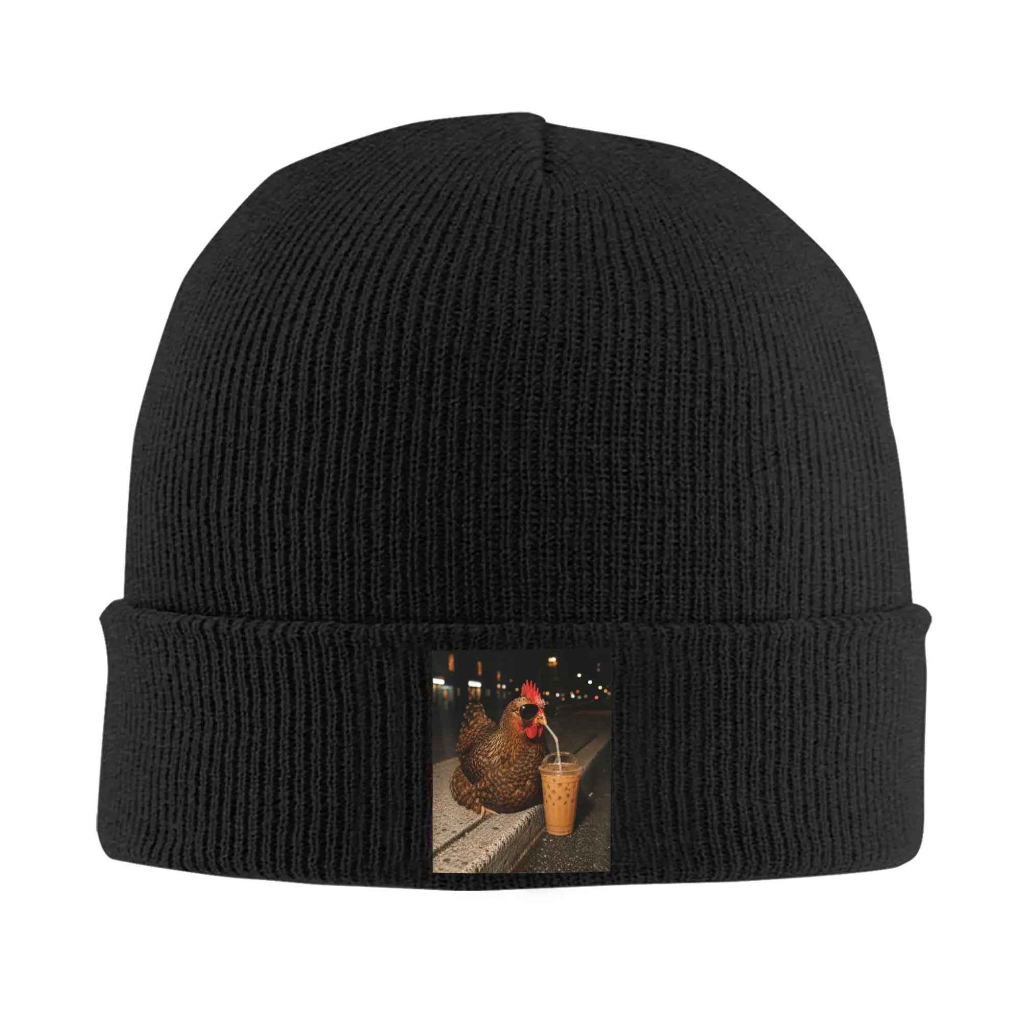 Funny Chicken Drinking Iced Coffee Animal Meme Beanie Hats  Bonnet Hats Female Male Retro Kpop Skullies Beanies Winter Warm Caps