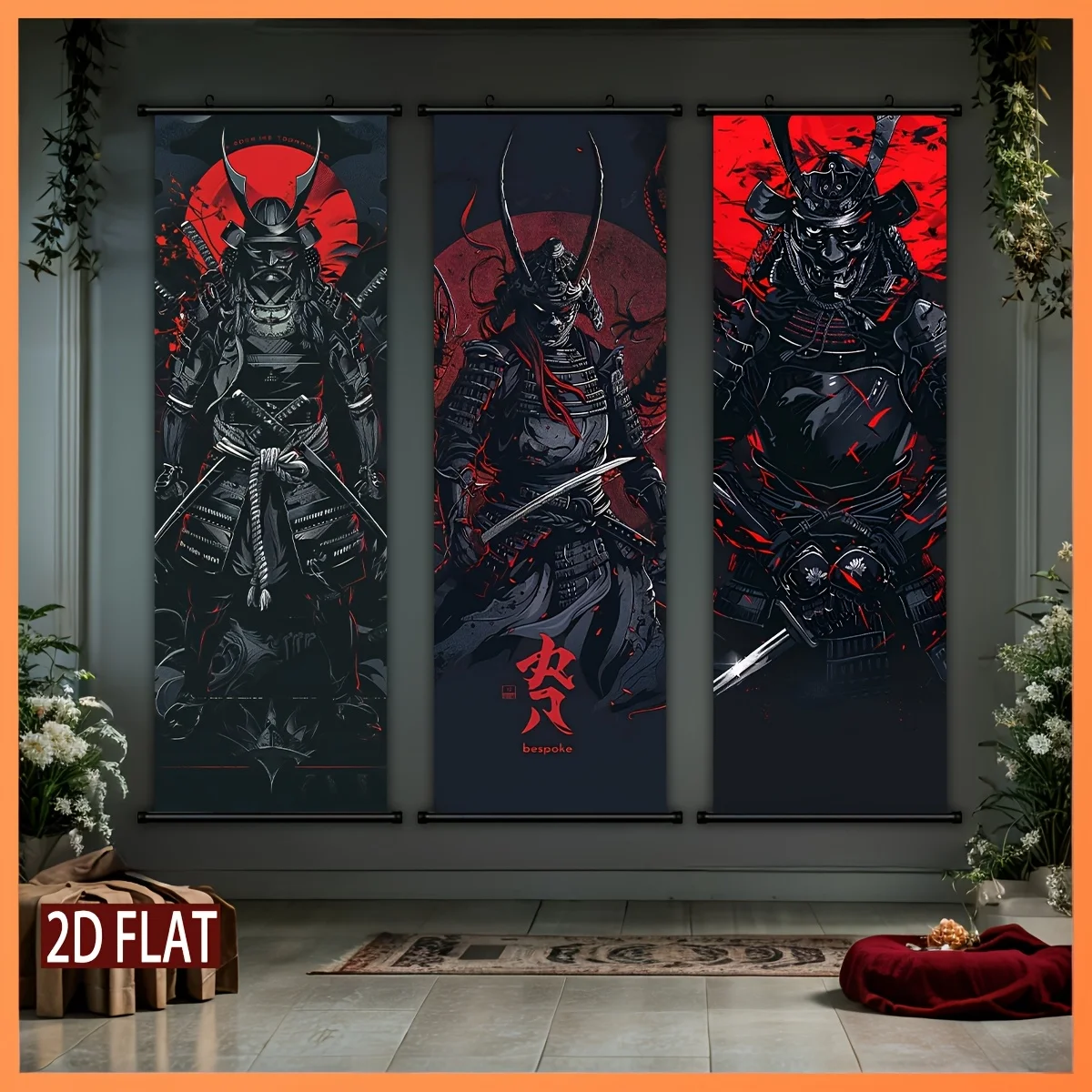 Dark Red Tone Warrior Armor Mask Scroll Tapestry High-Definition Non Fading Wall Hanging Scroll Painting Room Decoration