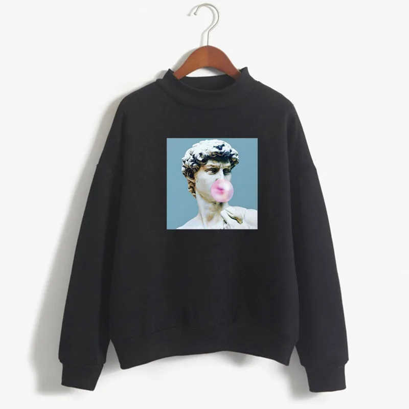 

The statue of david michelangelo with bubble gum Print Women Sweatshirt O-neck Knitted Pullover Thick Candy Color Lady Clothing