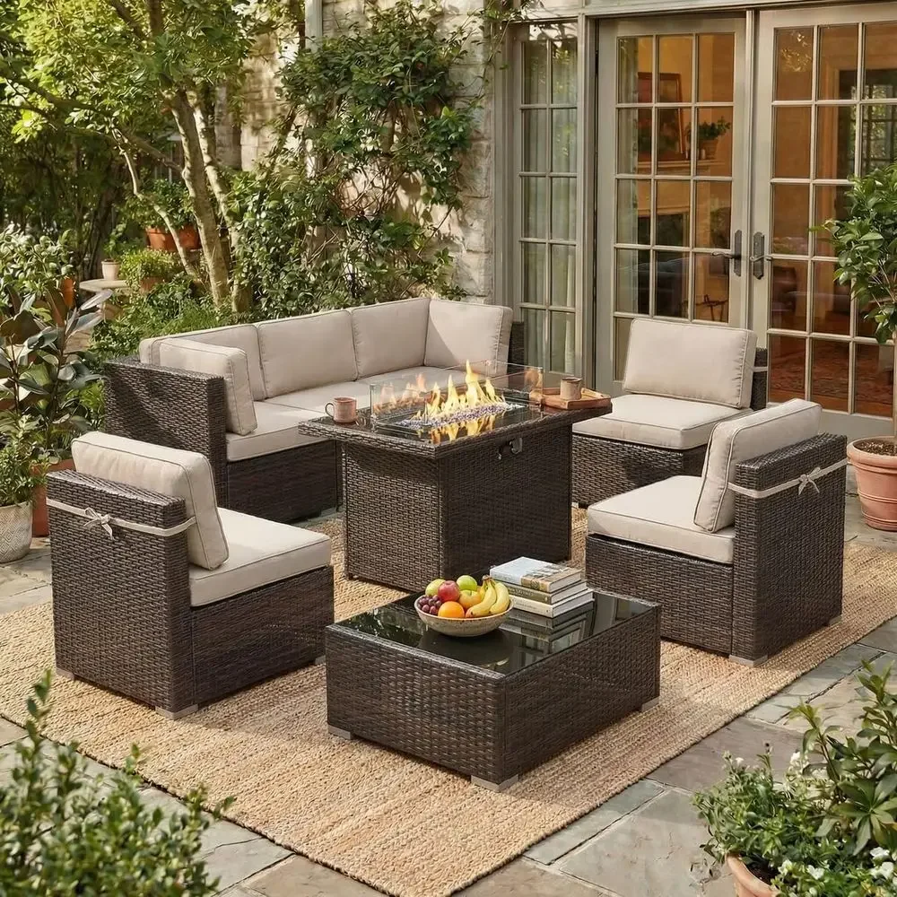 8-Piece Outdoor Patio Furniture Set with 44 Fire Pit Table in Brown Rattan Sectional Sofa Configuration
