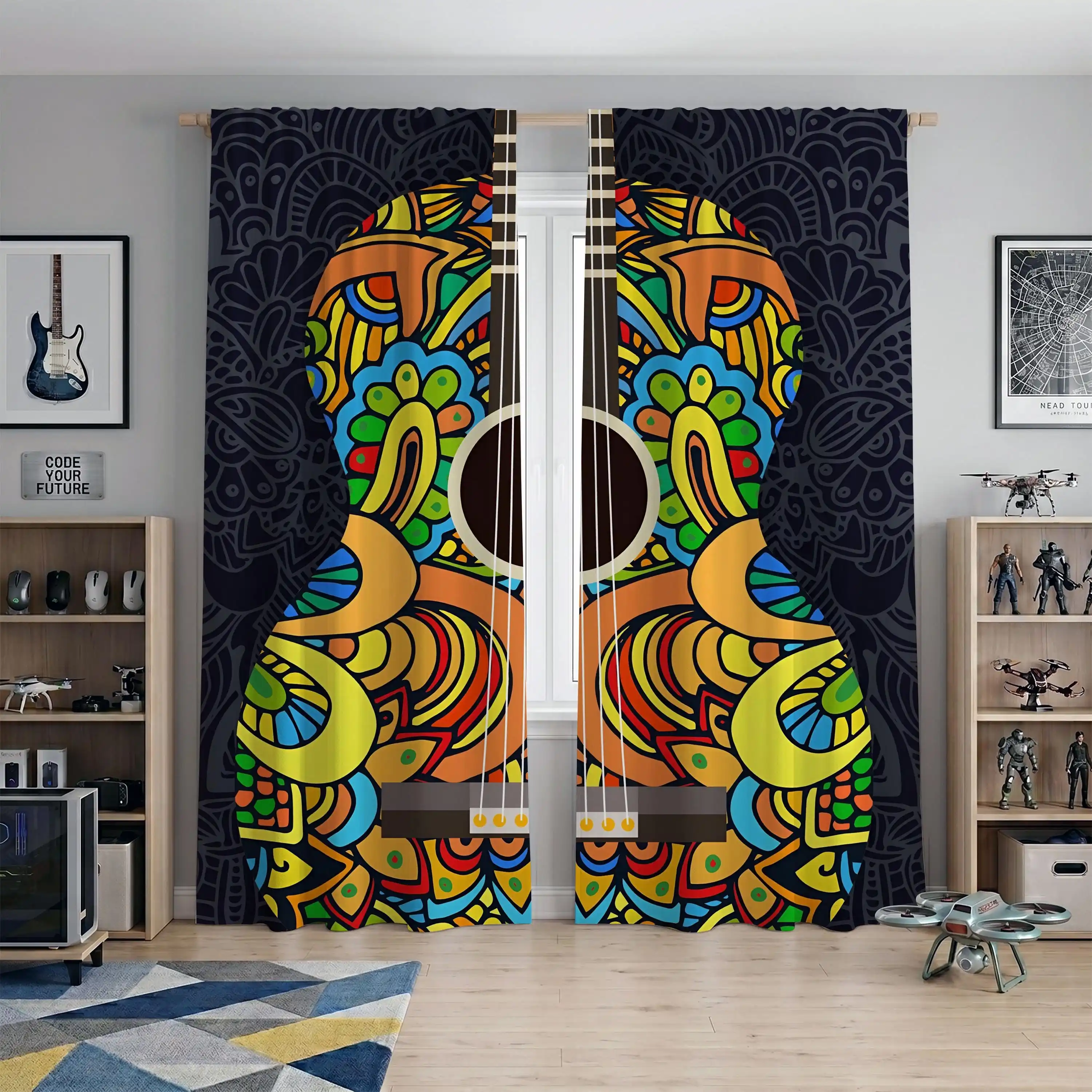 Vibrant Psychedelic Guitar Pattern Curtains for Living Room Home Decor Bohemian Style Window Drapes