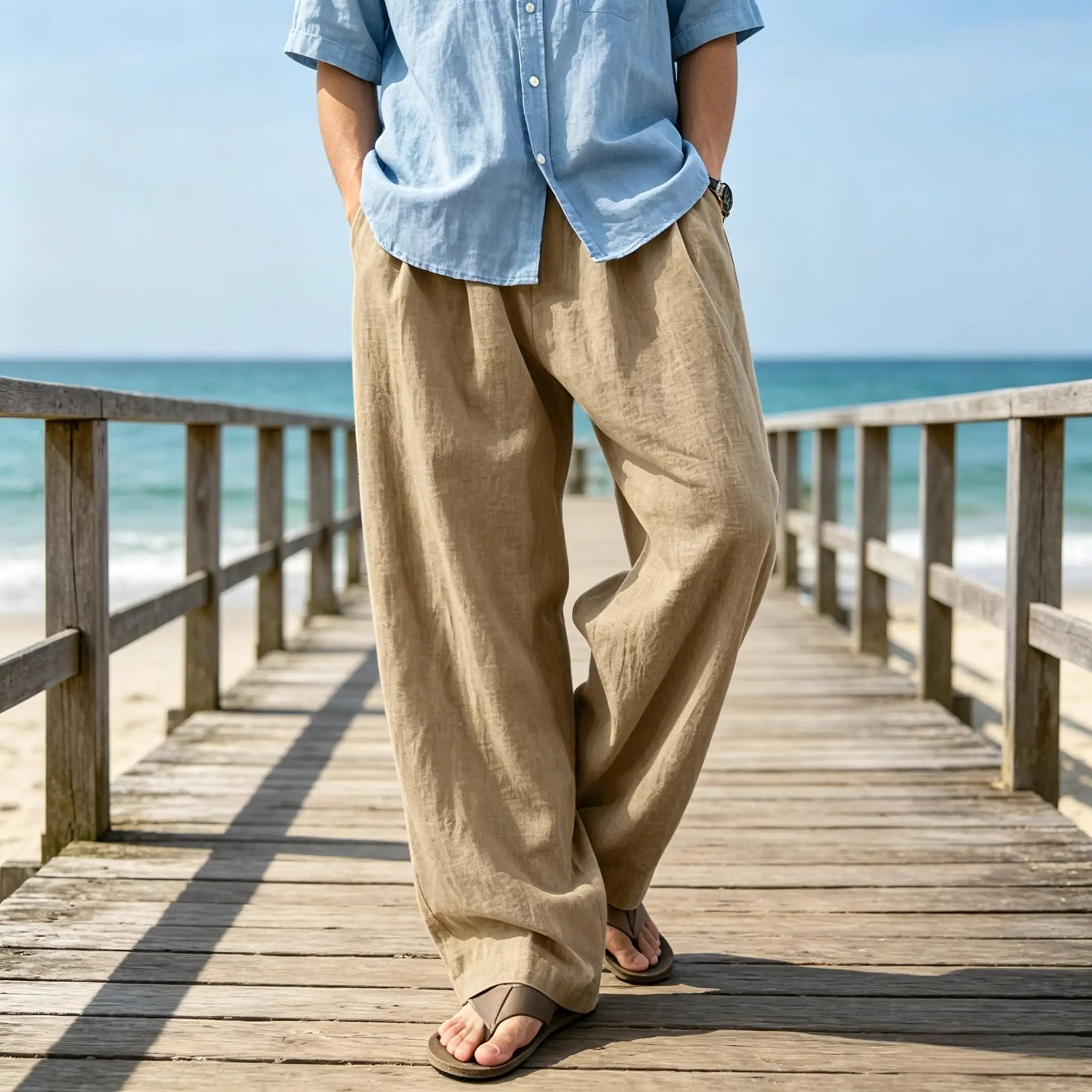Men Natural Linen Wide Leg Pants Lightweight Breathable Loose Trousers Beach Vacation Commute Daily Casual Streetwear Pants