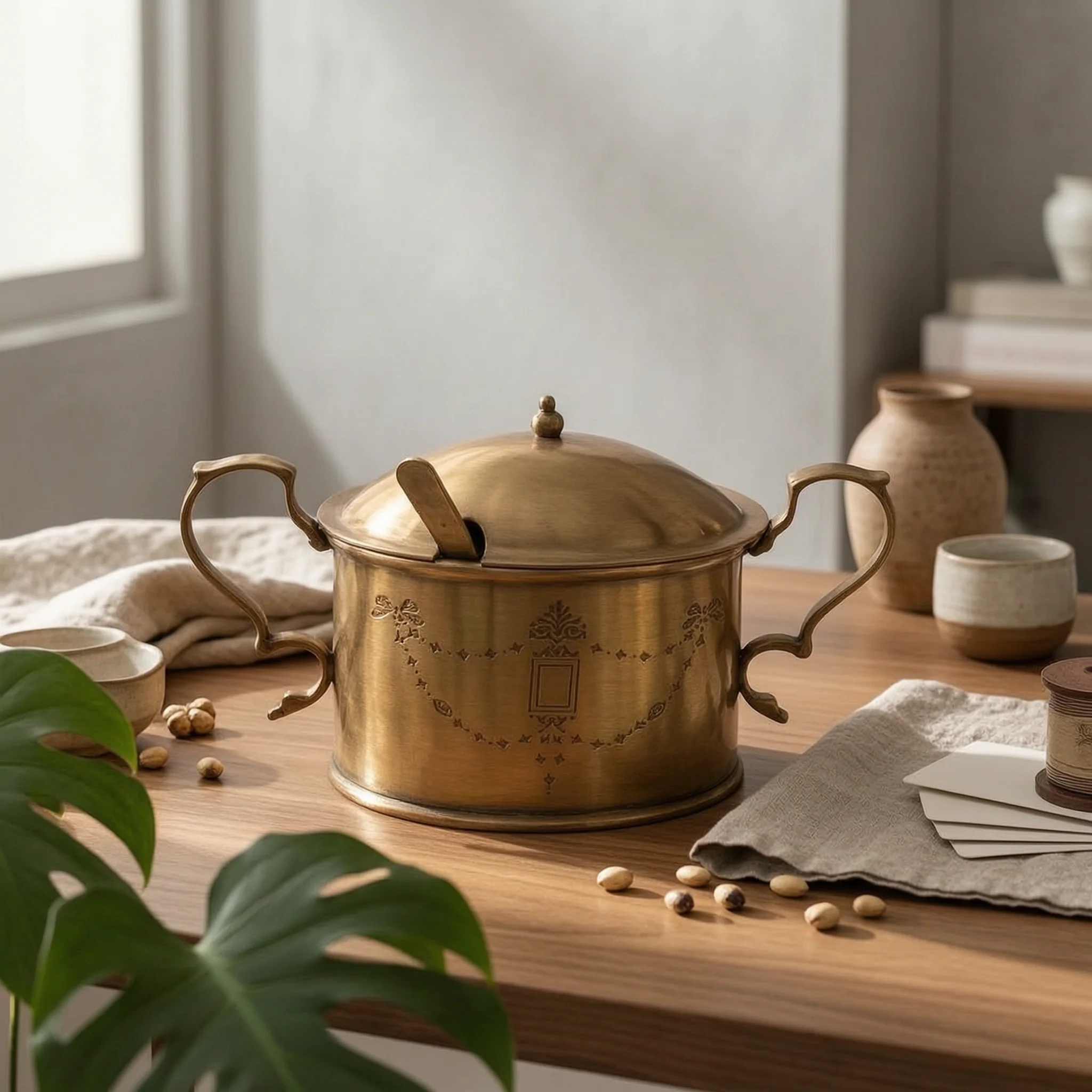 Ornate Brass Canister Gold-Toned Embossed Floral Container Lidded Vessel Finial Knob House Decoration Lid for Storage