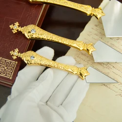 3 Pcs Orthodox Religious Knives Set with Zinc Alloy Handle and Diamond Inlaid Cross Design Stainless Steel Blades for Rituals