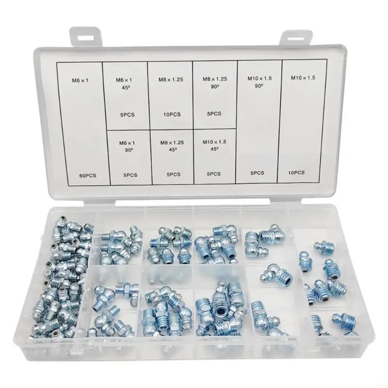 E15A 110Pcs Metric Grease Fittings Kit Straight 45 90 Degree Zerks Hydraulic Grease Zerk Assortment for Broken Zerk Grease