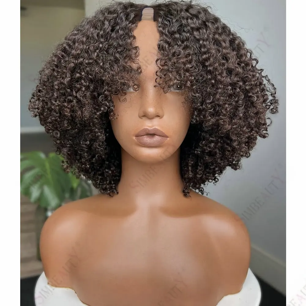 

Dark Brown Kinky Curly 100% Human Hair U Part Wig for Black Women Easy Wear 1*4 Size Opening V Part Wig Adjustable with Clips