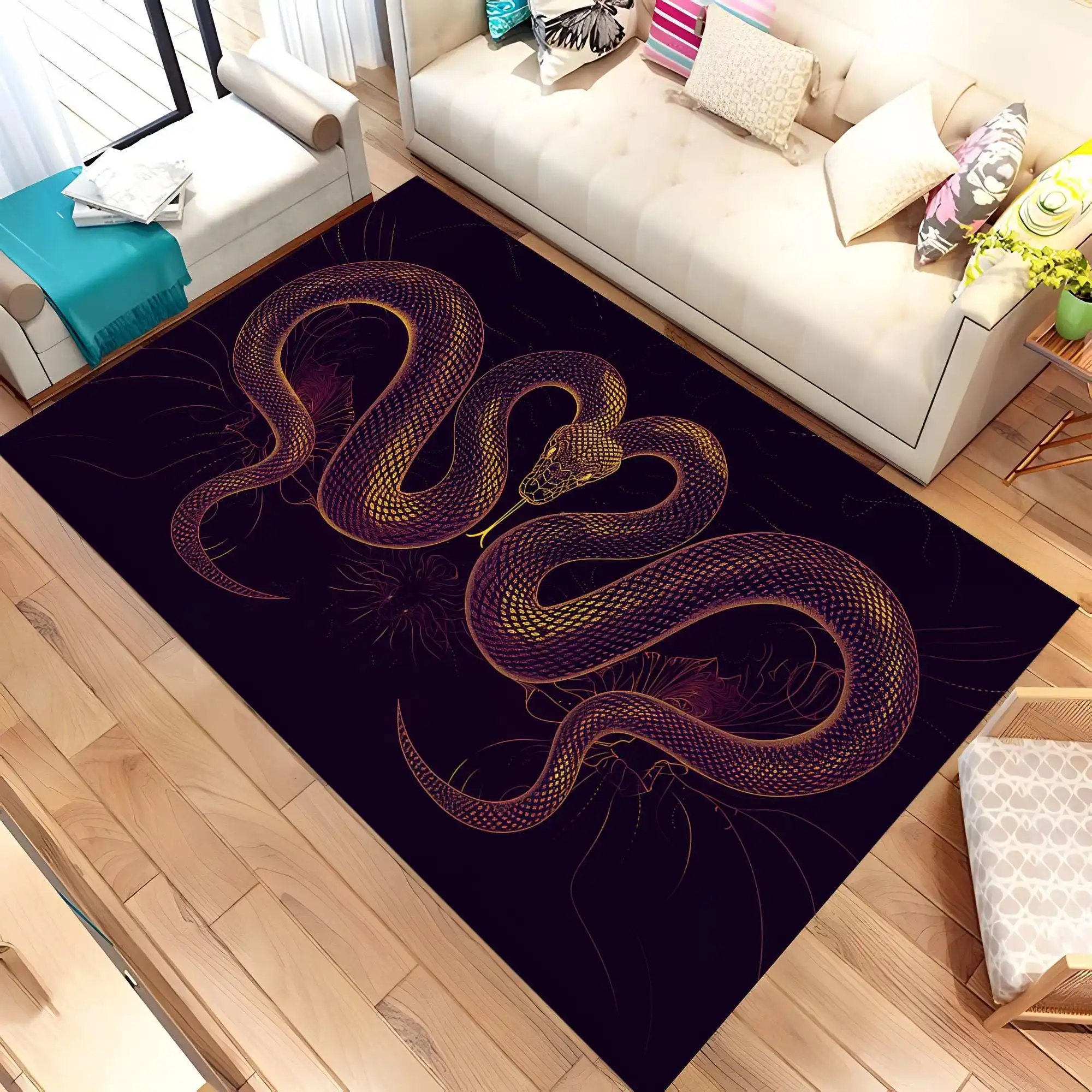 Dark Purple Gold Snake Line Art graphics Rug,Living Room Sofa rug Bedside Bedroom Entry Door Mat,Non Slip Rug,Gift