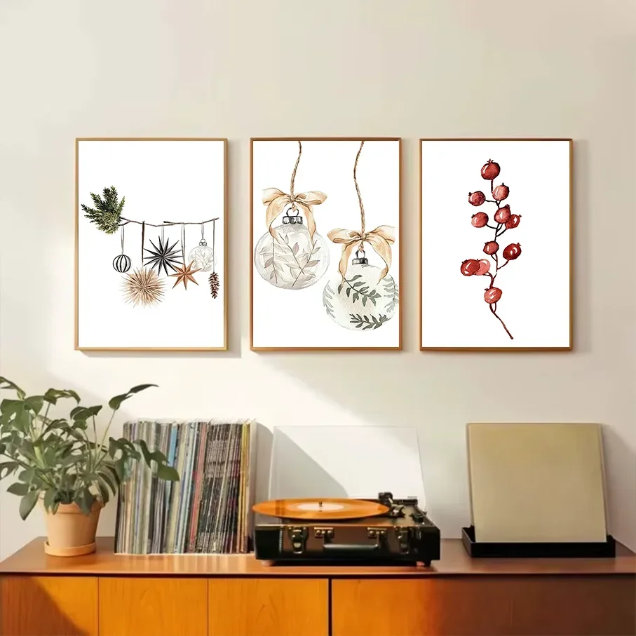 Watercolor Rustic Christmas Canvas Print Wall Art  Frameless, Deer Truck Snowy Cabin Berries Ornaments Decor