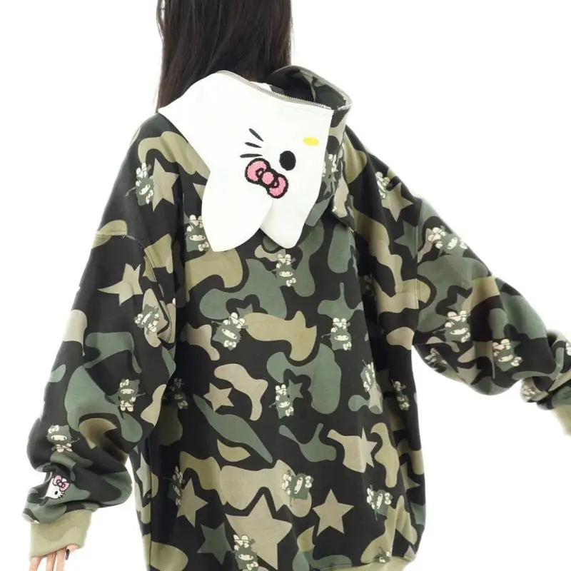 Kawaii Anime Hellokittys Cute and Sweet Full Printed Camouflage Cartoon Hooded Sweatshirt Zipper Jacket Cardigan for Girls