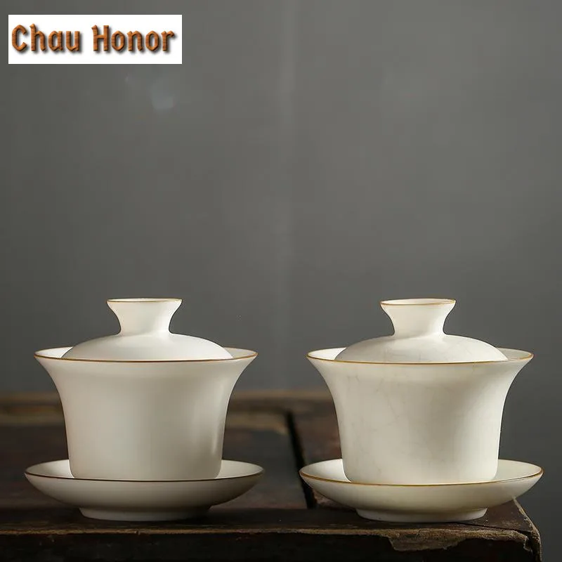 140ml Ivory White Ru Kiln Cover Bowl Handmade Porcelain Tea Bowl Kung Fu Tea Set Sancai Cover Bowl Tea Bowl Office Decoration