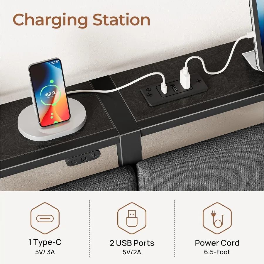 إطار سرير كامل الحجم مع محطة شحن مريحة للتخزين على اللوح الأمامي وسرير بمنصة منجدة مع درج إضاءة LED شديد التحمل
