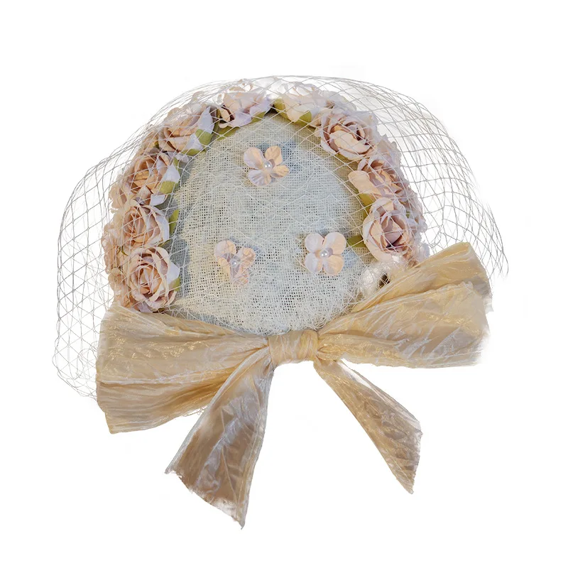 

Розовая цветочная мини-шляпка-фасцинатор с бантом для женщин, милый головной убор для свадьбы, церкви, королевского банкета, вечеринки, заколка для волос