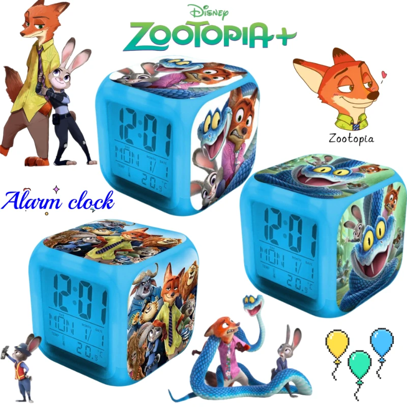 

Disney Zootopia Nick Wilde Judy Hopps Anime Style Alarm Clock Multifunctional Night Light Clock for Student Bedrooms and Dorms