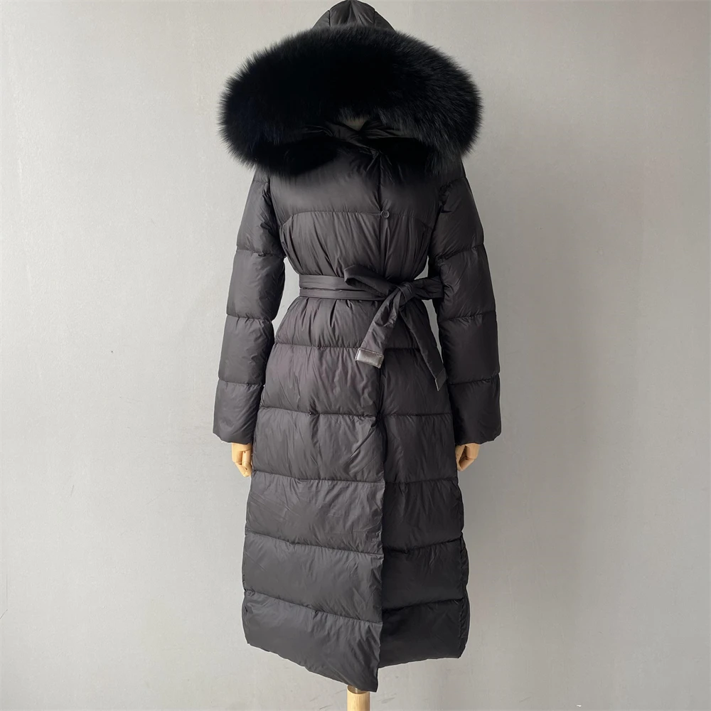 Jxwatcher-abrigo de plumas con piel auténtica para mujer, moda de invierno, abrigos de plumón de pato blanco de estilo largo con capucha, ropa de abrigo informal para mujer 2024
