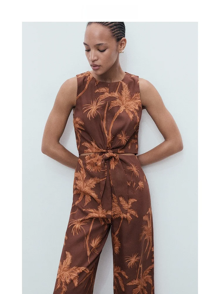 Mono de Mujer Mango, Colección Verano 2025, Cintura Alta, Pierna Ancha, Estampado Vacacional, Informal, Cómodo, Tejido de Ray...