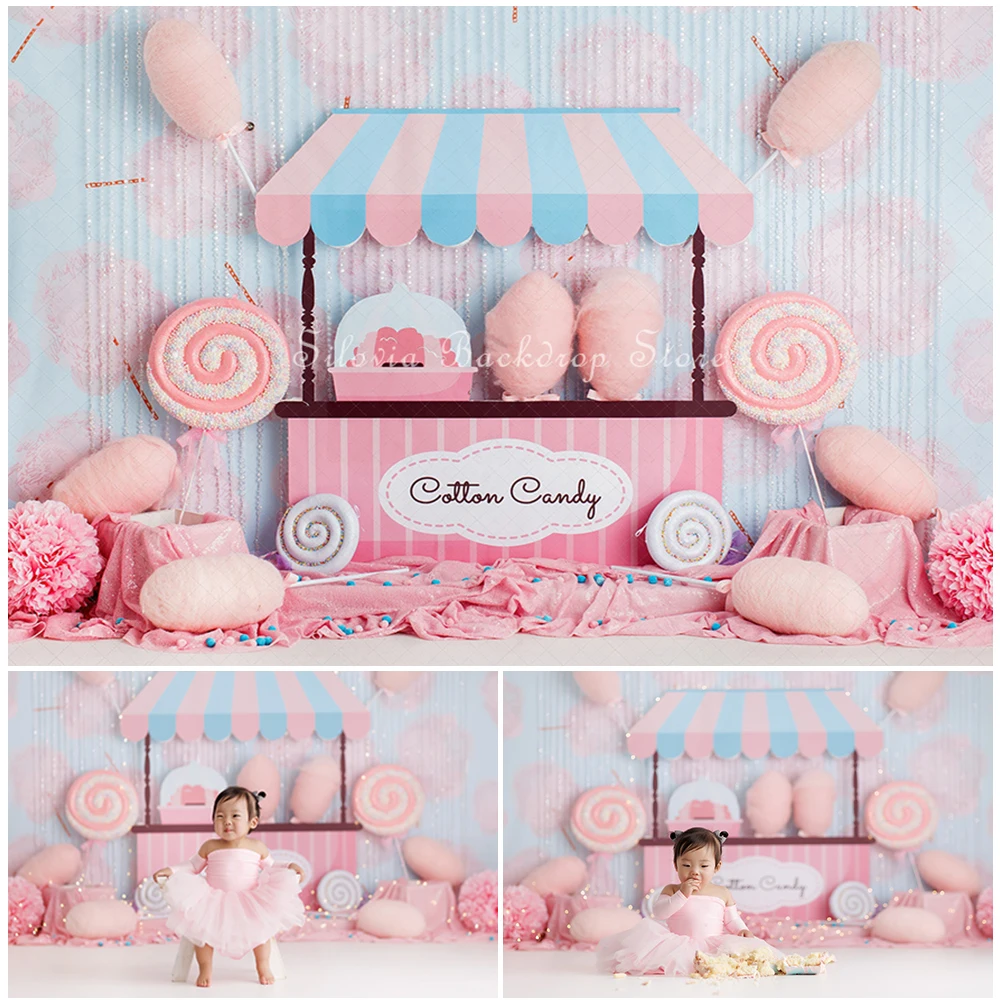 Sweet Cotton Treat Photo Background Girl First Birthday Cake Smash Photography Backdrop Pink Candy Shop Photo Studio Props