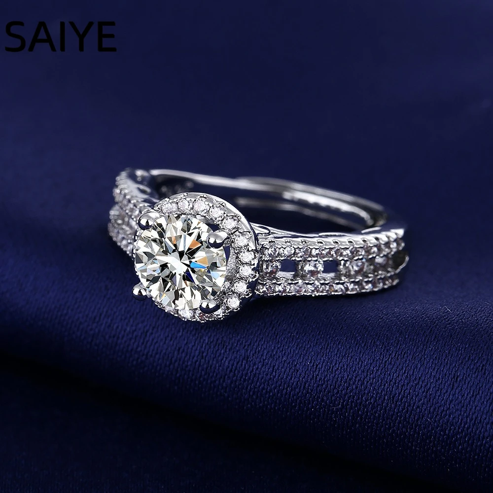 925 Sterling Silver Women Adjustable Open Ring Round Brilliant CZ Halo Solitaire Ring Double Row Pave Side Stones Jewelry Gift