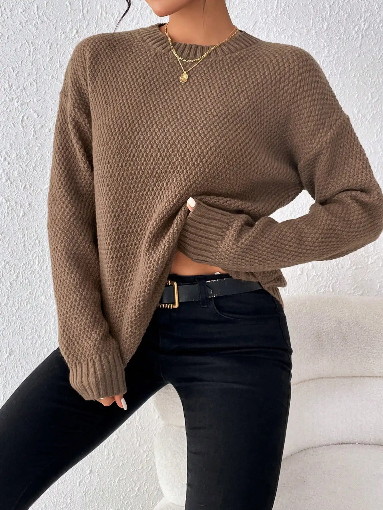 

Women's Solid Crew Neck Long Sleeve Knit Pullover Sweater - Casual & Versatile Fit