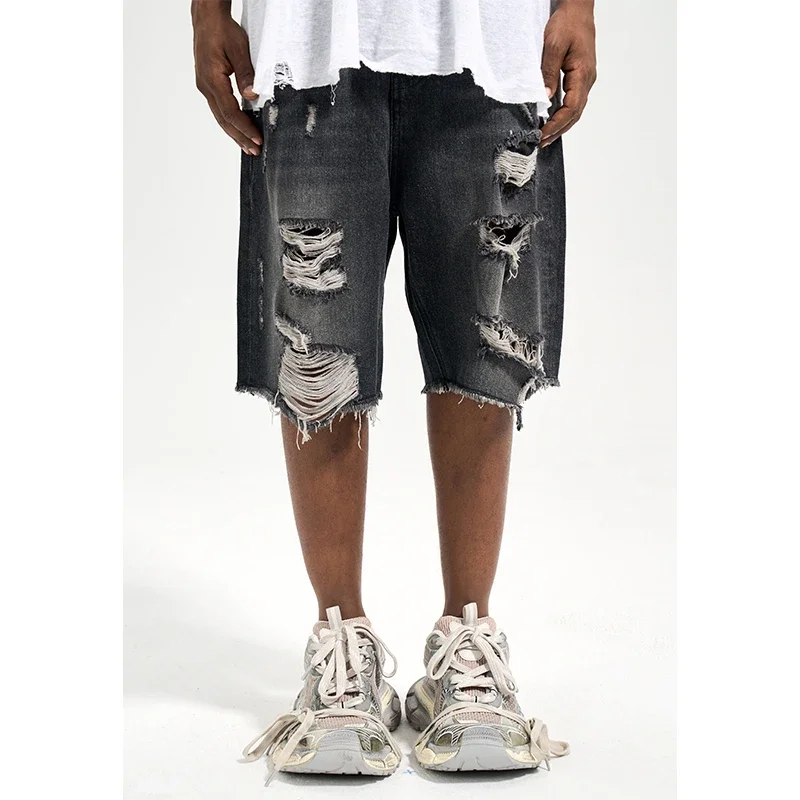 Black Ripped Denim Shorts Men's Loose Woolen Jorts Men's Split Stitching Short Jeans Y2K Men Hip Hop Harajuku