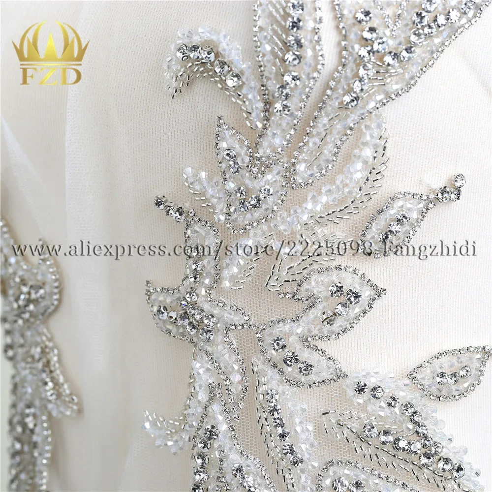 FZD 1 Piece Handmade Sew-on Beaded Crystal Rhinestone Applique Patches With Gauze for Wedding Dress DIY Bridal Waist Decoration
