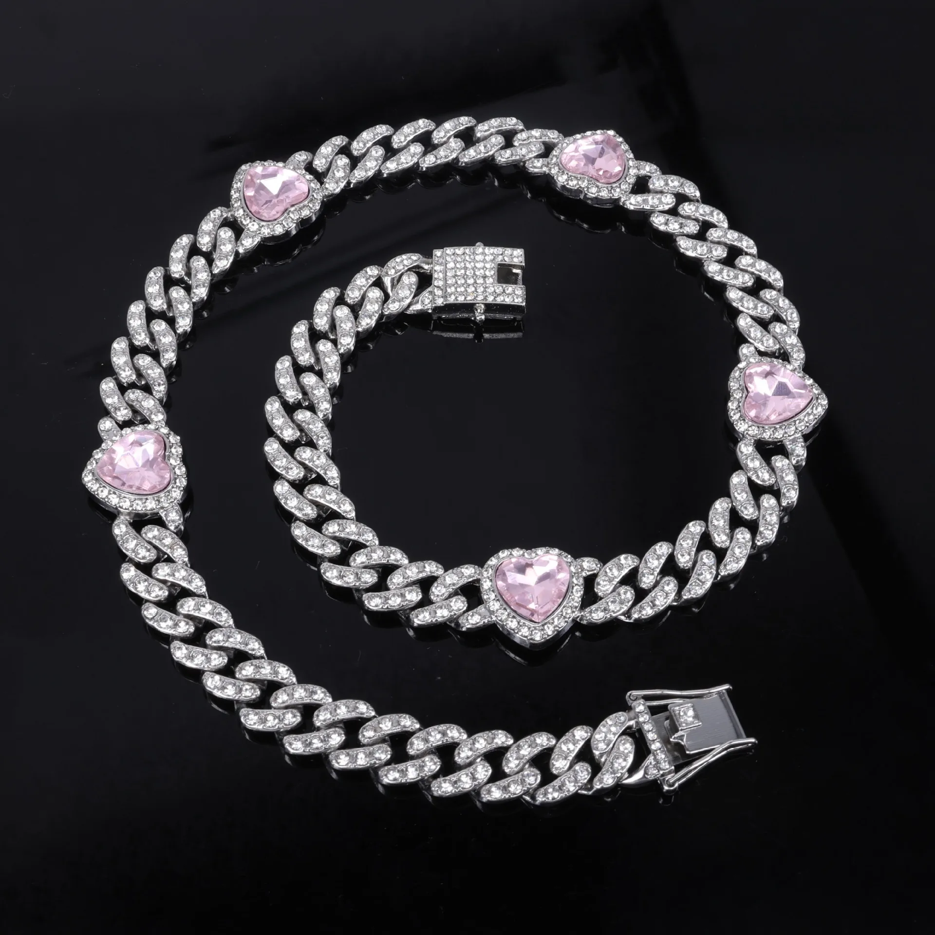 ZAKOL 12MM Bling Iced Out Chain Crystal Heart Choker Necklace Bracelet for Women Hip Hop Trendy Exaggerated Jewelry
