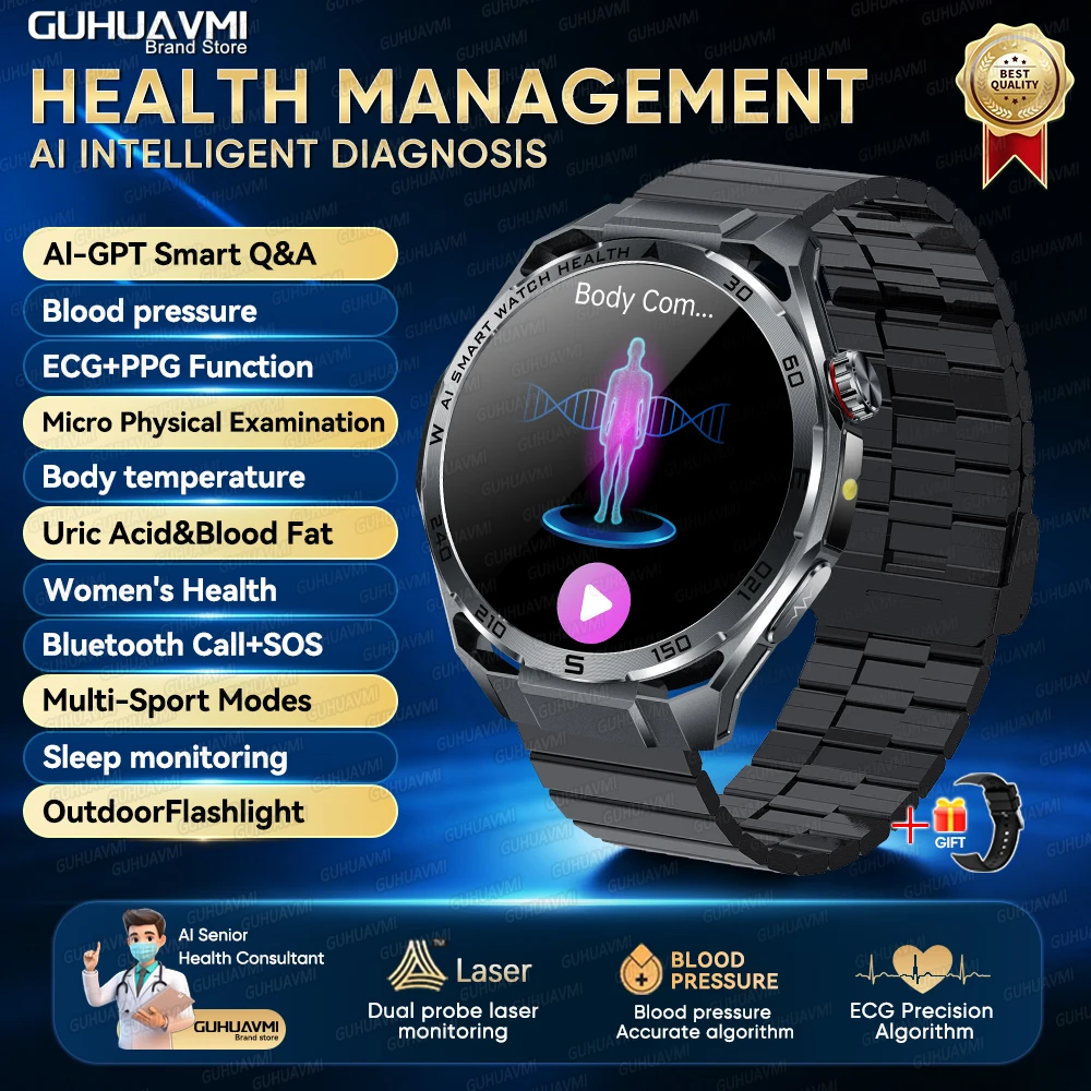 2026 AI Gezondheidsdiagnose ECG+PPG SmartWatch Mannen Bloeddruk Lipiden Urinezuur Hartanalyse 1,53-inch Bluetooth-oproep Smartwatch