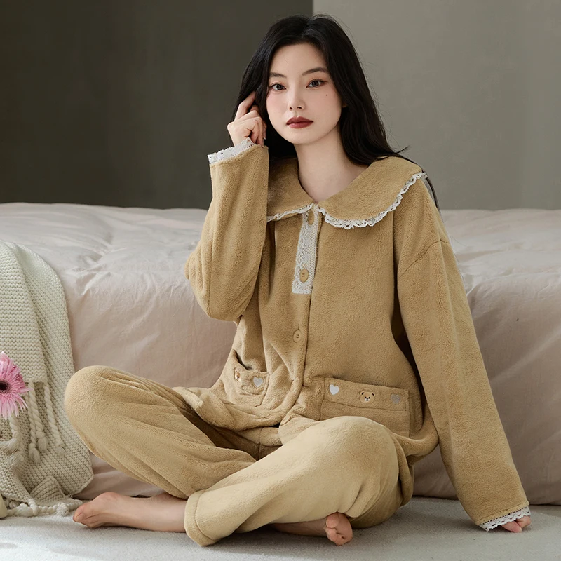 

Зимний женский пижамный комплект, теплая фланелевая одежда для сна, женская ночная рубашка с длинными рукавами