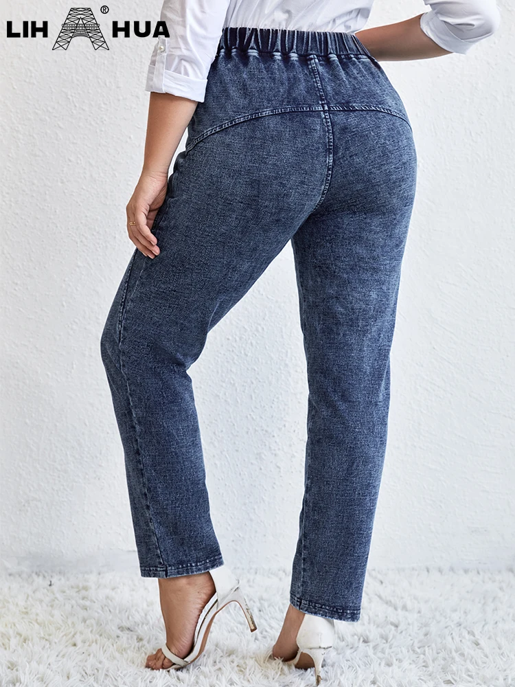 LIH HUA Women's Plus Size Jeans Autumn Chic Elegant Jeans For Chubby Women Cotton Knitted  Mom Jeans