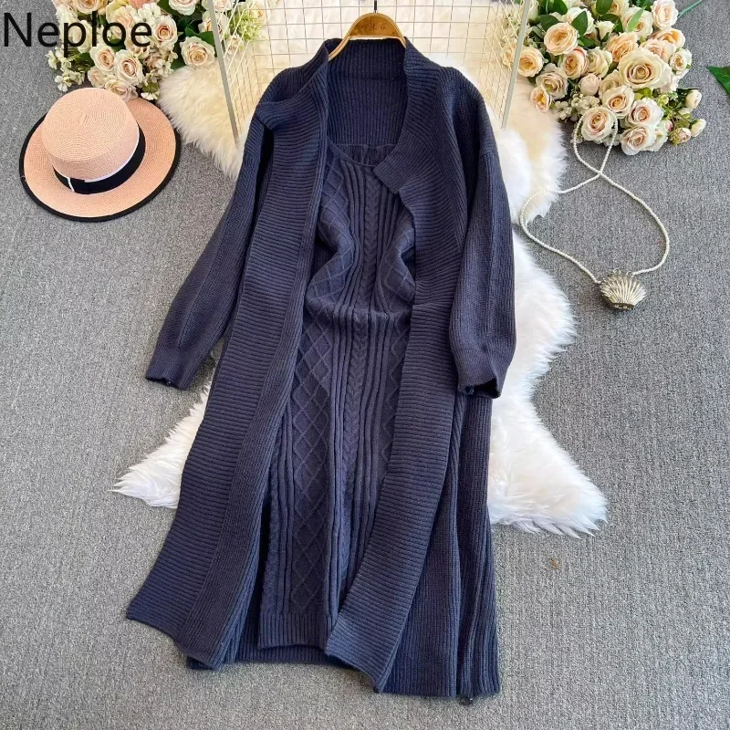 Neploe 2024 Autumn Winter Simple Elegant Style Two Piece Sets Femme Solid Color Loose Knit Cardigan Jacket  V-neck Vest Dress