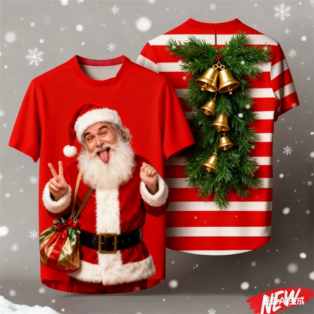 

Рождественская мужская футболка с 3D Санта-Клаусом в полоску Мужские и женские футболки с круглым вырезом и графикой Быстросохнущий топ y2k одежда для мужчин