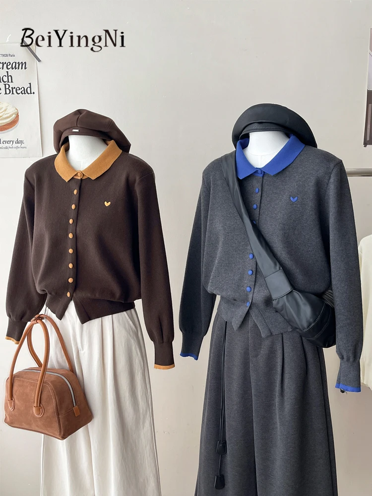 

Beiyingni Fall Winter Women's Single Breasted Cardigans Spell Color High Street Knitted Coats Female Soft Warm Gray Navy Sweater