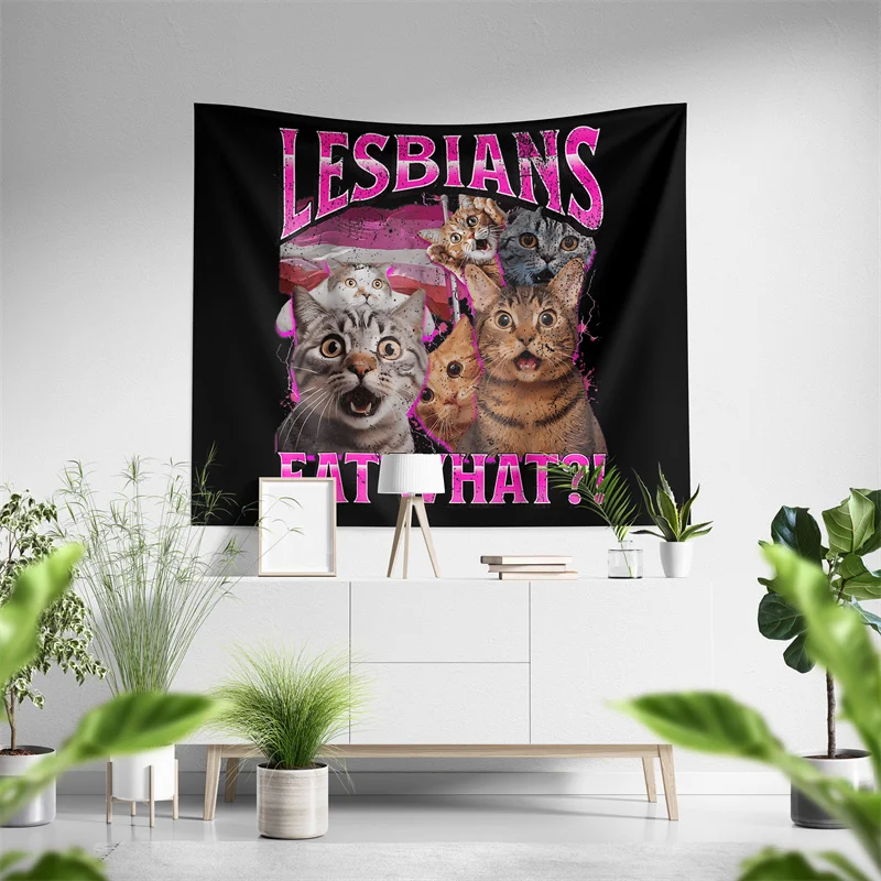 Aertemisi Lesbians Eat What Funny Cat LGBTQ+ Tapestry Wall Hanging Art for Bedroom Living Room College Dorm Party