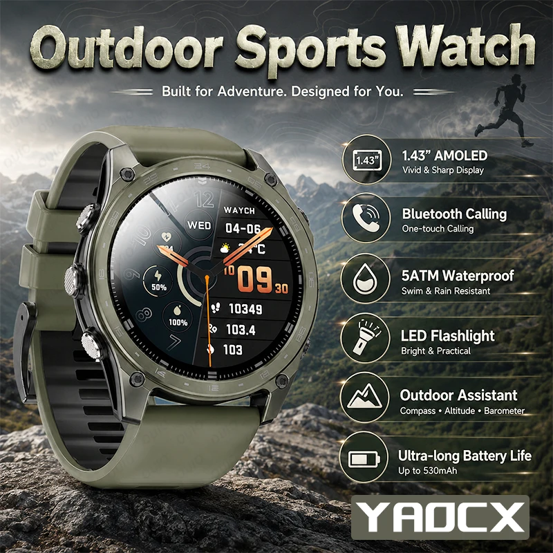 

Men Smart Watch 1.43inch AMOLED Screen BT Calling LED Flashlight Compass Altitude Barometer Fitness Tracker Smart Watch T8 Pro