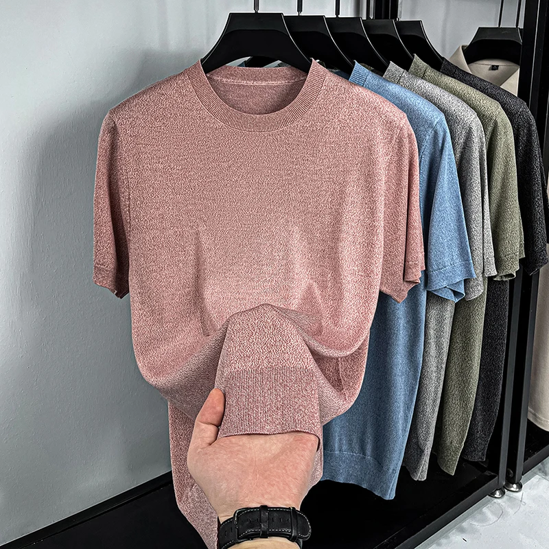 Summer 100% Lyocell Knit Men'S Crew Neck T-Shirt Floral Yarn Fabric Casual Breathable Short Sleeve High-Quality Tee