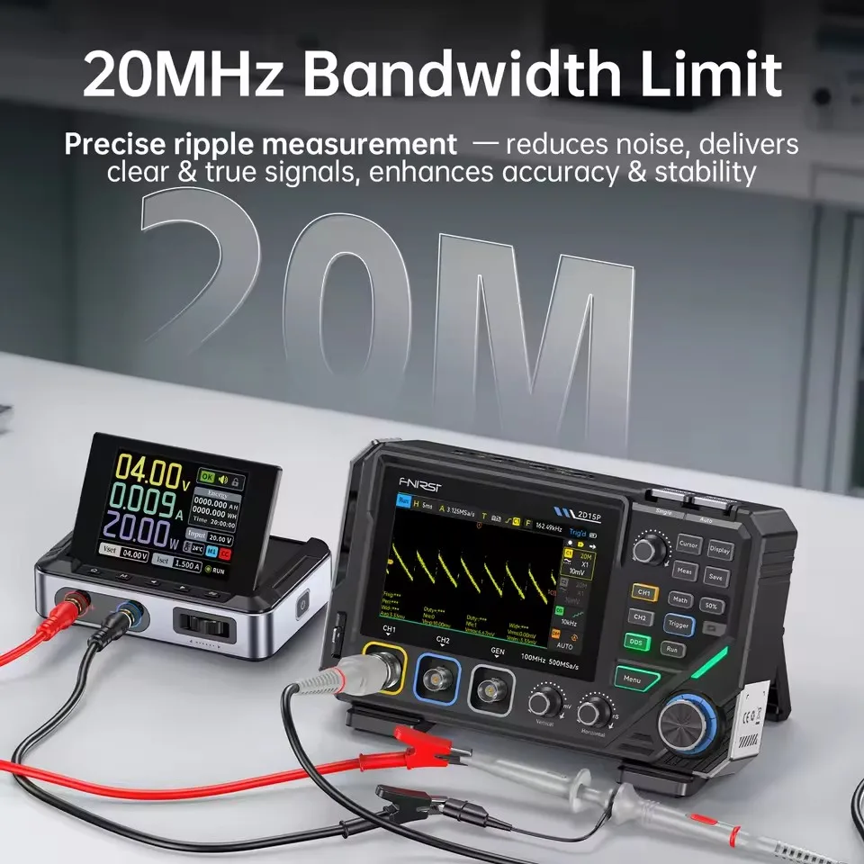 FNIRSI 2D15P Digital Oscilloscope Multimeter Signal Generator 3IN1 Touch Screen 2Channel 100MHz Bandwidth 500MSa/s 20000 Counts