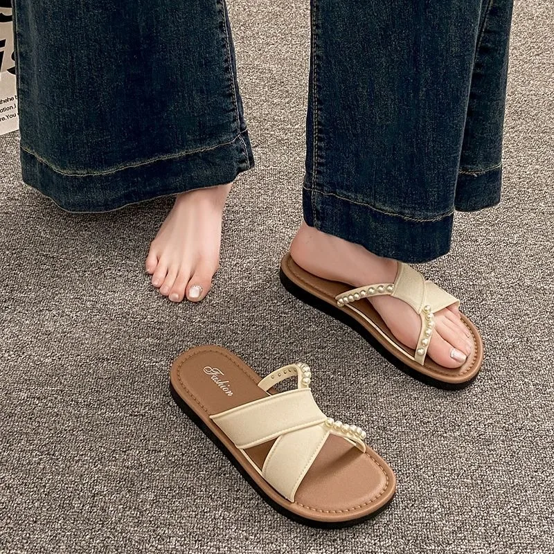 

Korean Fashion Women's Sandals Cross Strap Flat Heel Anti Slip Versatile Summer Outdoor Fairy Like Chic Design