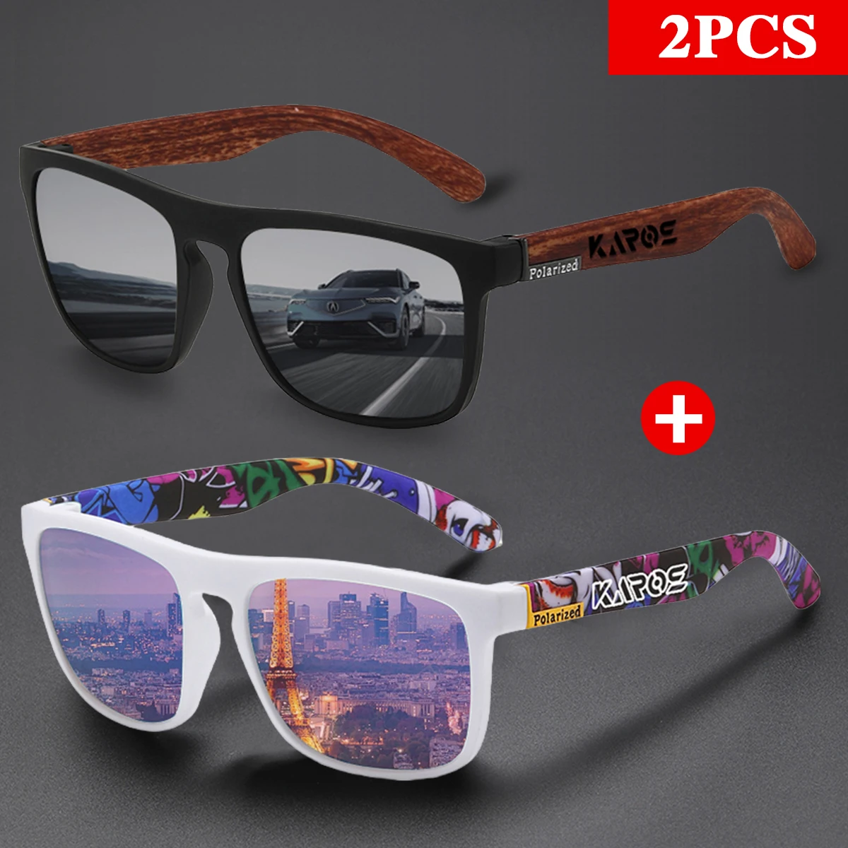 

KAROS 2PCS Fashion Vintage Square Polarized Sunglasses Men Women Brand Designer Sun Glasses UV400 Driving Fishing Eyewear