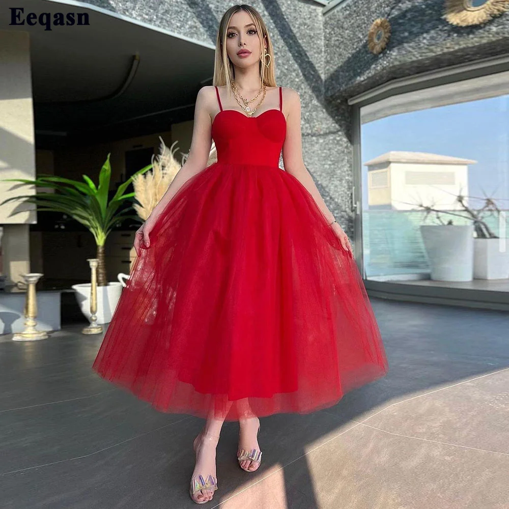 Simple Soft Tulle Midi Prom Party Dresses Customized A Line Spaghetti Strap Short Homecoming Gowns Formal Wedding Party Dress