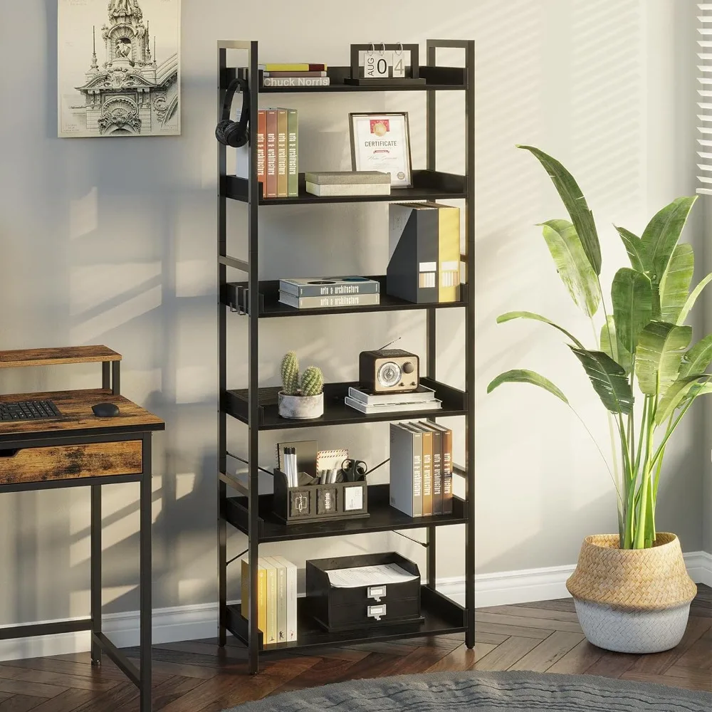 

Bookshelf 6 Tier with 4 Hooks, Industrial Bookcase, Vintage Storage Rack with Open Shelves, Rustic Standing Bookshelves