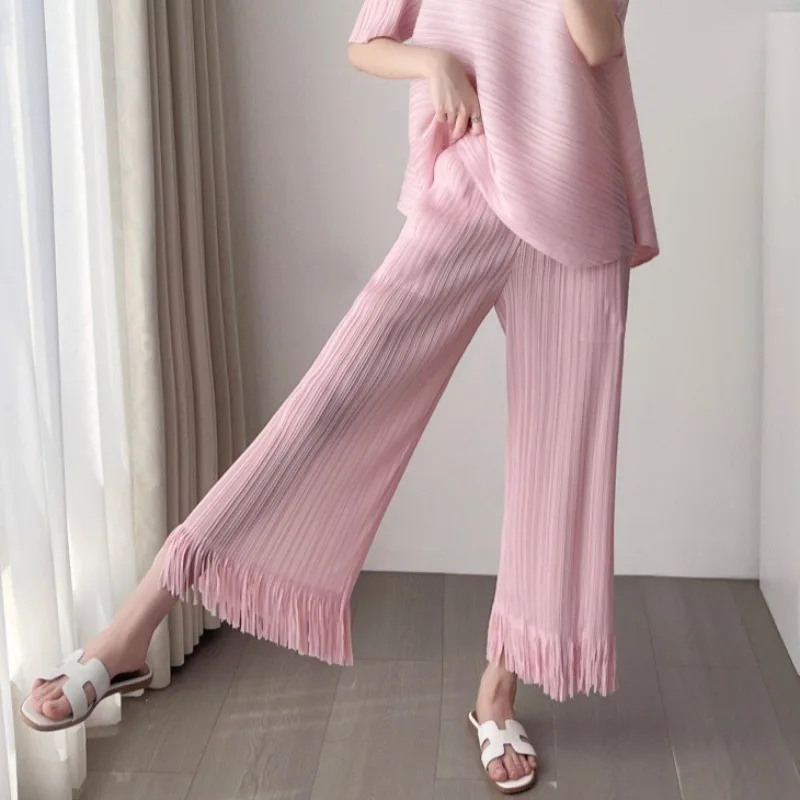 

Miyake Pleated Pants 2026 Summer New Simple Casual Elastic Drape Elastic Waist Tassel Straight Nine-Point Pants Women's Clothing