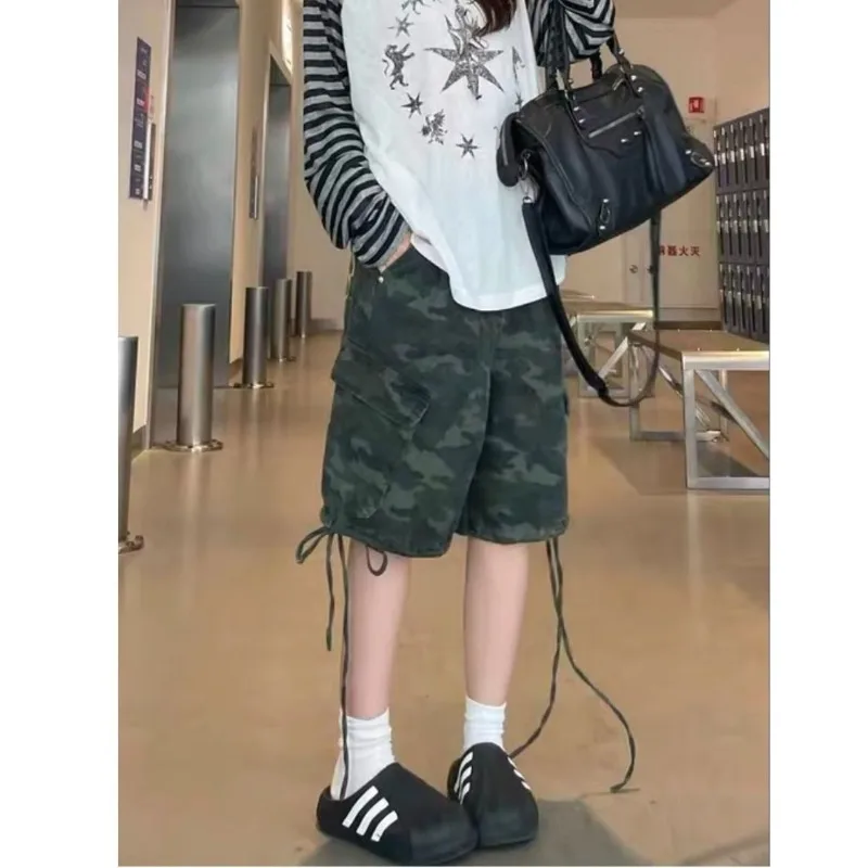 Summer Women's Retro Camouflage Shorts Cool Girl Wide Leg Knee Length Pants Y2k Streetwear Female High Waist Half Trousers