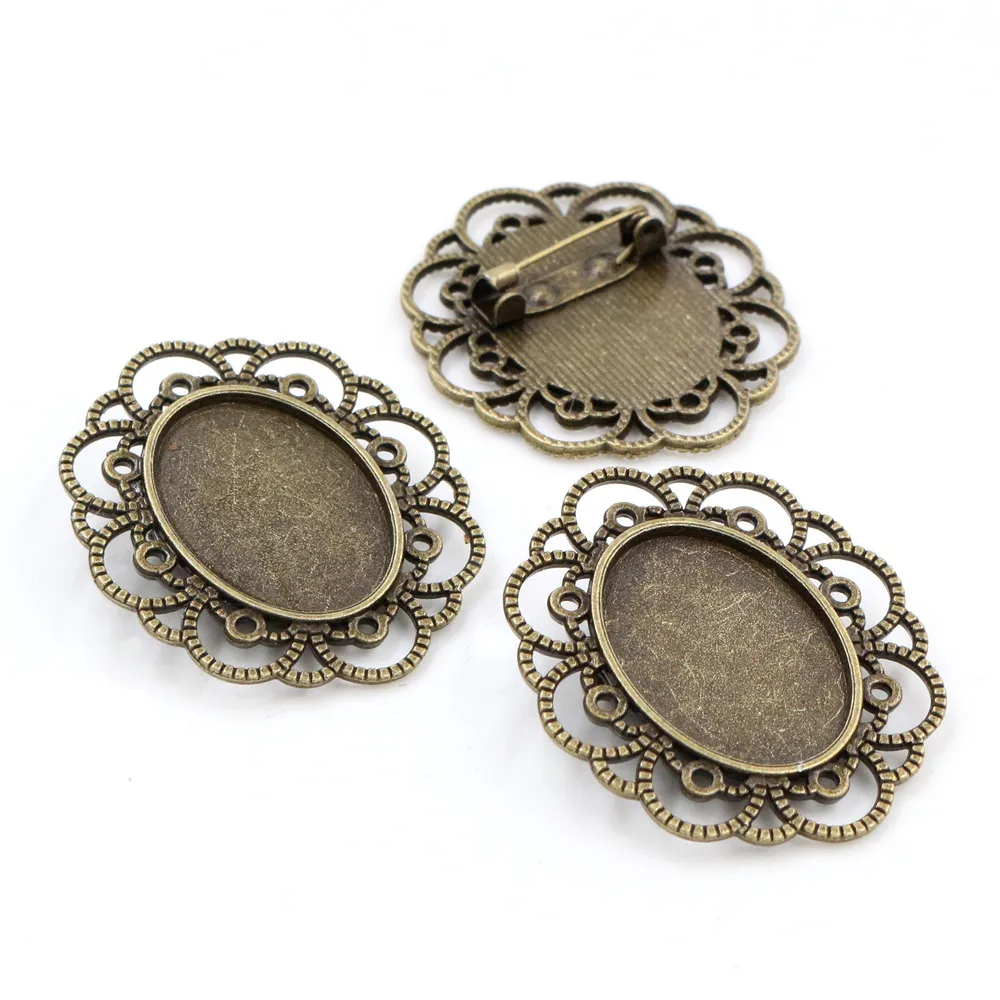 5pcs 18x25mm Inner Size Antique Silver Plated Black Bronze Brooch Pin Flower Cameo Cabochon Base Setting