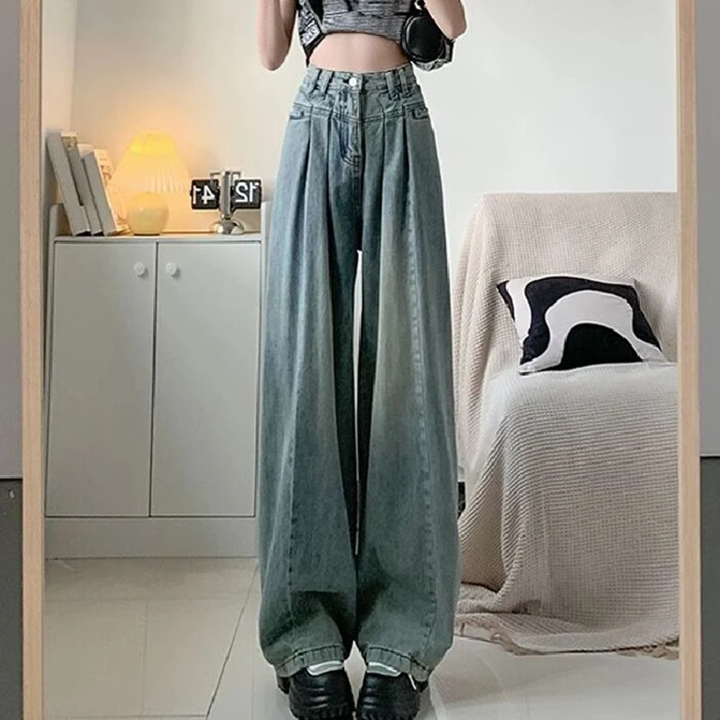 2024 Women Korean Pleated Jeans Girls High Waist Washed Loose Retro Blue Light Blue Denim Trousers Wide Leg Pants Lady Fashion