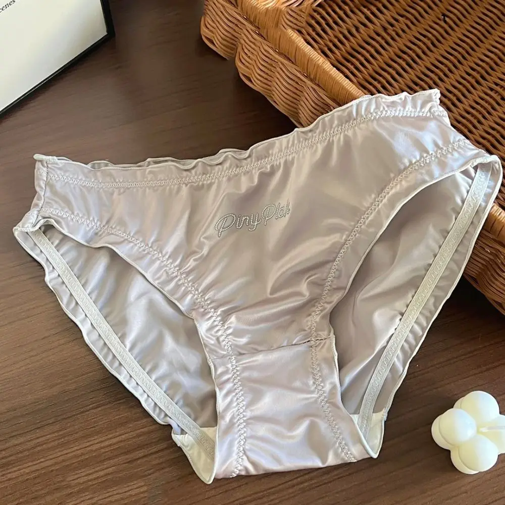 Fashion Crystal Letter Ruffle Satin Panties Seamless Ice Silk Rhinestone Briefs Solid Color Underwear Women's Underpants Daily