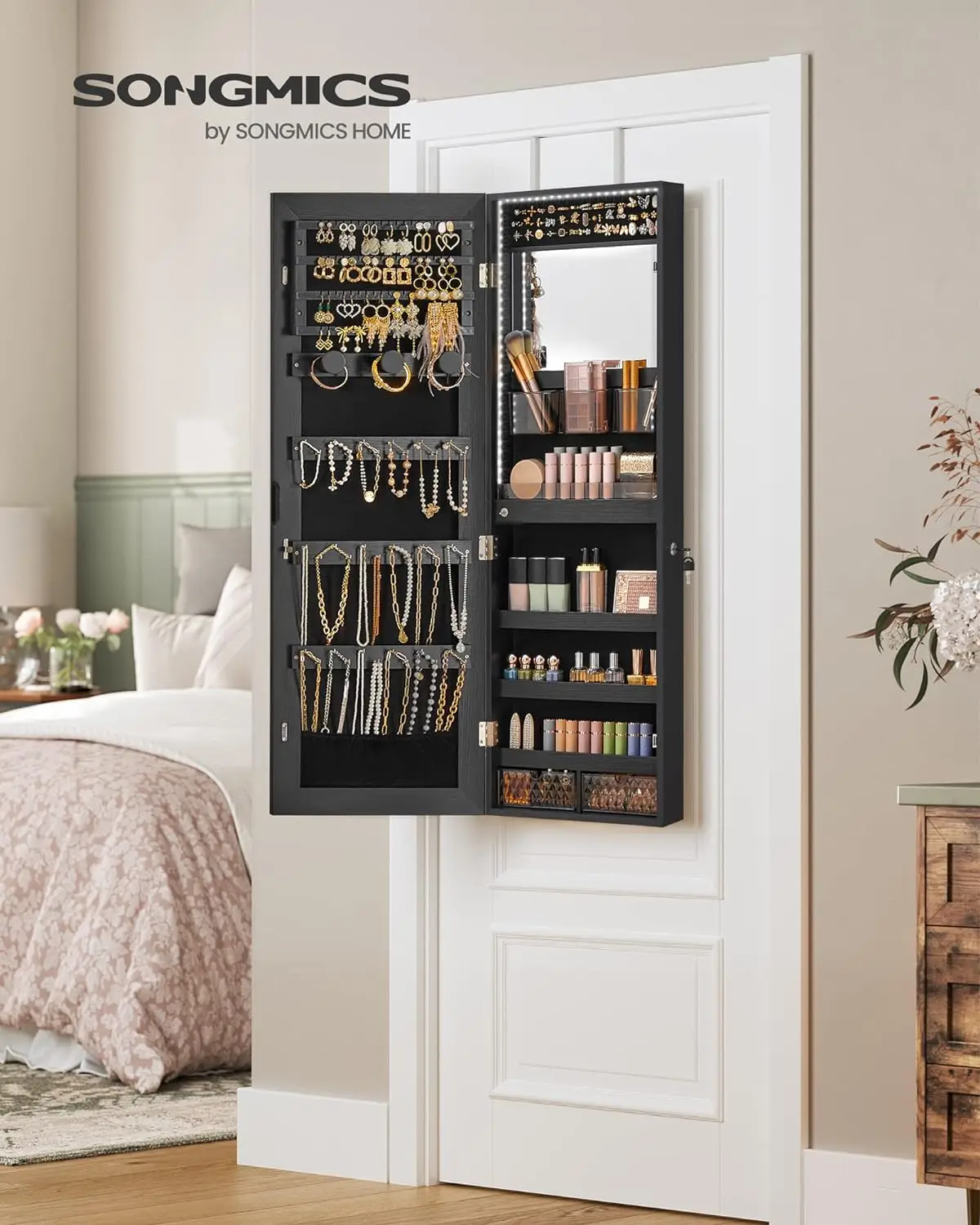 SONGMICS Jewelry Cabinet Armoire Organizer with LED Lights, Wall-Mounted Storage Cabinet with Full-Length Frameless Mirror, Buil